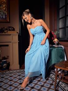 Glamaker Twist Front Ruffle Trim Mesh Overlay Tube Formal Dress - Blue - View 6