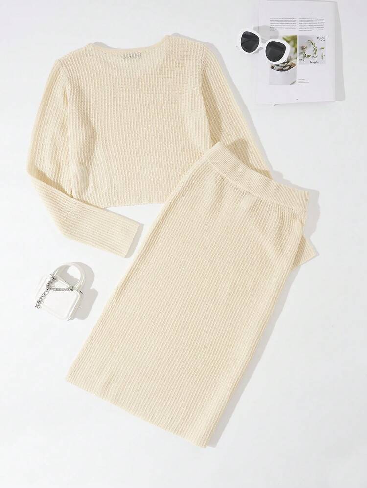 Solid Crop Sweater & Split Thigh Knit Skirt