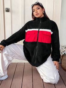 SHEIN Unity Plus Color Block Flap Pocket Drop Shoulder Teddy Coat - Multicolor - View 5