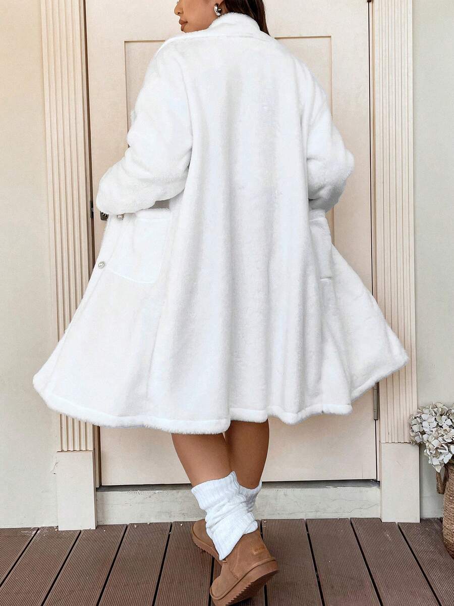 SHEIN Qutie Plus Double Breasted Dual Pocket Drop Shoulder Teddy Coat - White - View 1