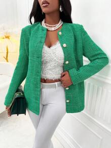 VaVaBold 素色前紐扣粗花呢花呢外套 - 綠色 - 查看 3