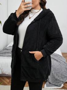 SHEIN CURVE+ Plus Zip Up Drawstring Hooded Teddy Coat - Black - View 3