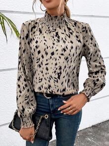 SHEIN LUNE Blusa con estampado de cuello alto - Caqui - Ver 3