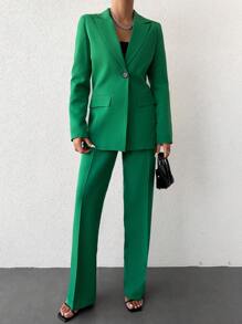 EURMUSE Solid Lapel Neck Blazer & Suit Pants - Green - View 4
