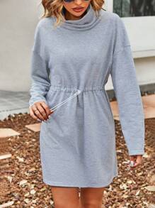 SHEIN Essnce 腰部抽繩落肩袖洋裝 - 淺灰色 - 查看 5