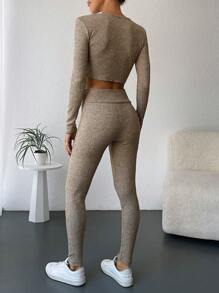 EURMUSE Button Front Crop Tee & Leggings - Khaki - View 2