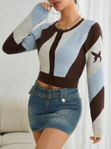 SHEIN Unity 蝴蝶樣式撞色前紐扣短款開衫 - 彩色 - 查看 1