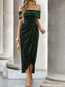 SHEIN Clasi Đầm Maxi Nhung Trễ Vai Quấn Viền Trang Phục Cho Nữ - Màu xanh lá cây đậm - Xem 6