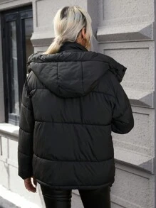 SHEIN LUNE 休闲纯色抽绳连帽加厚棉服外套，冬季服装 - 黑色 - 查看 2