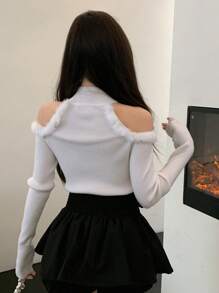 DAZY 女式毛绒拼布露肩高领针织毛衣，秋冬 - 白色 - 查看 3