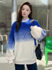 Dazy Star Áo chui đầu oversized hở vai Ombre, quần áo mùa thu - Màu xanh lam - Xem 4