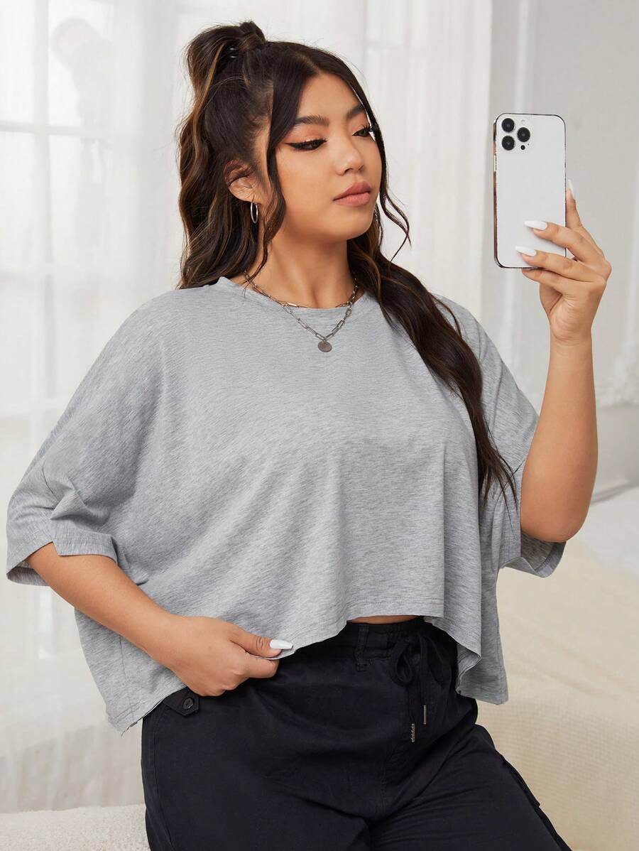 SHEIN EZwear 大碼素色蝙蝠袖T恤 - 淺灰色 - 查看 1