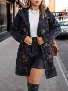 SHEIN LUNE Áo khoác trùm đầu kẻ caro hai túi Plus, cho mùa đông - màu đen - Xem 5