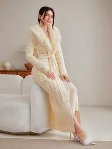 Modelyn Chất rắn Váy len bó sát & 	
Fuzzy Vòng cổ Áo len Mở - Màu be - Xem 5