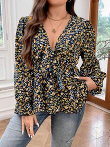 SHEIN Franclia Hơn In hoa Ditsy Nút phía trước Áo sơ mi Peplum - Màu vàng - Xem 3