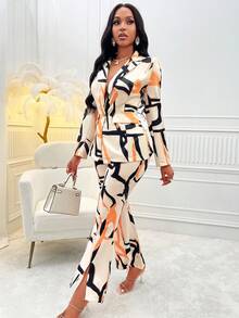 SHEIN Slayr Allover Print Split Hem Flare Leg Pants - Apricot - View 5