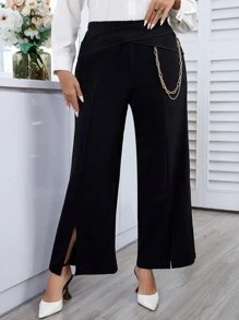 SHEIN Unity Hơn Chi tiết chuỗi Viền chia cắt Quần ống rộng - màu đen - Xem 5