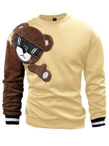 Manfinity Homme Loose-Fit Men's Sweatshirt With Embroidered Bear Pattern And Striped Trim - Khaki - View 4