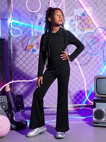 SHEIN Tween Girl Zipper Front Flare Leg Jumpsuit Without Belt - Black - View 3