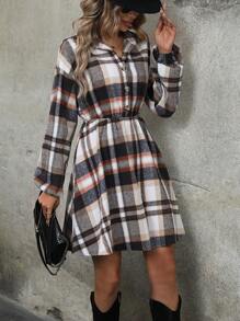 SHEIN LUNE Plaid Print Half Button Shirt Dress - Multicolor - View 1