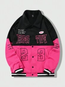 ROMWE MEN Street Life 字母印花拼色男士夾克 - 玫紅色 - 查看 1