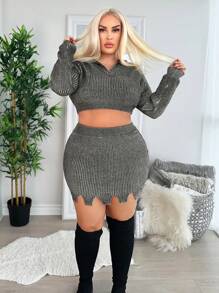 SHEIN SXY 大碼半拉鏈落肩袖短款毛衣 - 深灰色 - 查看 4