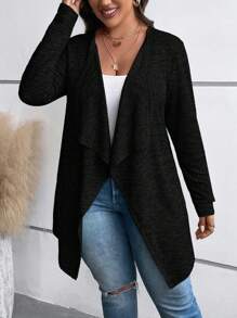 SHEIN LUNE Plus Waterfall Collar Open Front Coat Winter Autumn - Black - View 5