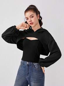 Teen Girl Cami Top & Super Crop Sweatshirt - Black - View 3