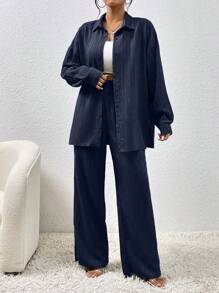 EMERY ROSE LUNE 秋季新款纹理面料休闲落肩开衩衬衫和实用斜插口袋阔腿裤女装两件套 - 藏蓝色 - 查看 1