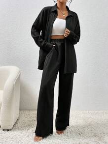 EMERY ROSE LUNE Autumn New Textured Fabric Casual Drop Shoulder Hem Slit Shirt And Practical Side Pocket Wide Leg Pants Women 2 Pieces Set - Black - View 5