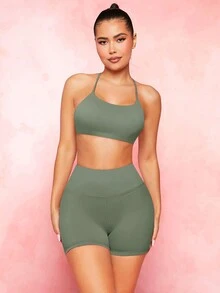 VARSITIE 素色寬腰帶運動短褲 - 灰色 - 查看 4