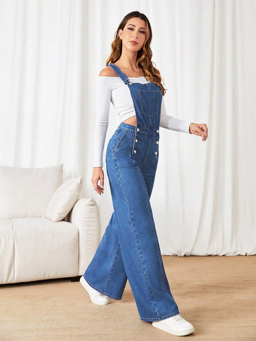 SHEIN Privé 紐扣細節闊腿牛仔背帶褲不帶T恤 - 中等水洗藍 - 查看 1