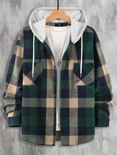 Manfinity Hypemode Camisa A Cuadros Con Capucha De Ajuste Holgado Para Hombres Con Cordón Y Bolsillos Dobles (camiseta No Incluida)