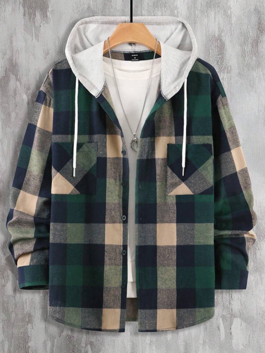 Manfinity Hypemode Nam In kẻ sọc áo có mũ Áo sơ mi Với dây rút Và Túi kép ( Áo thun Không bao gồm ) - màu xanh lá - Xem 1