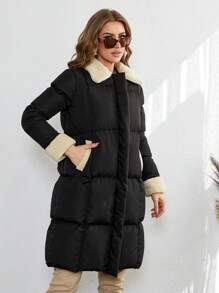 EURMUSE Veste d'hiver avec col patchwork et fermeture à glissière - Noir - Voir 4