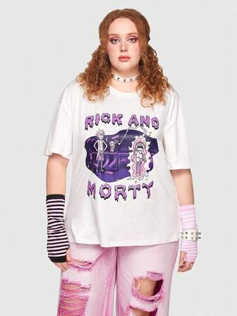 Rick and Morty | ROMWE Große Größen T-Shirt mit tief angesetzter Schulterpartie und Figurn- und Buchstabengrafik