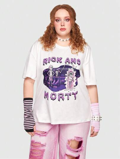 Rick and Morty | ROMWE Große Größen T-Shirt mit tief angesetzter Schulterpartie und Figurn- und Buchstabengrafik