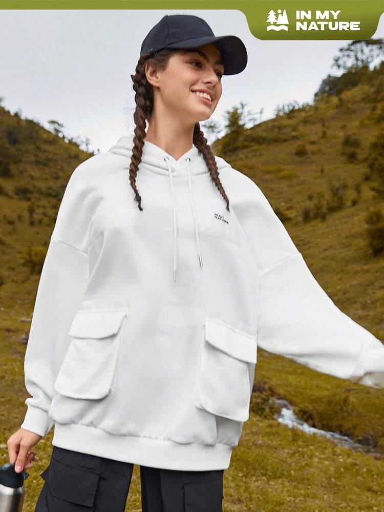Letter Patched Flap Pocket Drawstring Sweatshirt