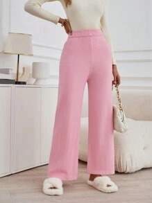 SHEIN Essnce Chất rắn quần ống rộng Đan Quần - Hồng - Xem 1
