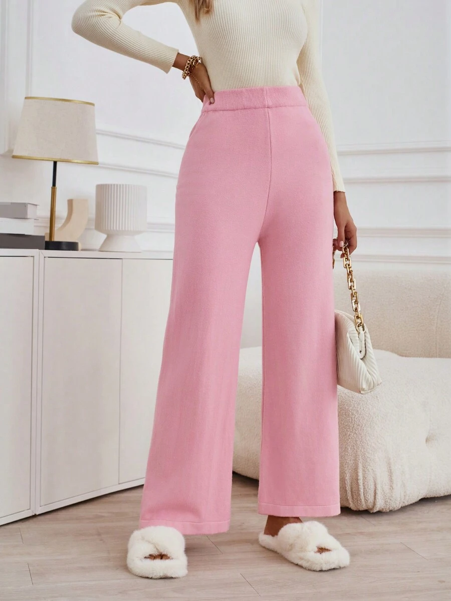 SHEIN Essnce Chất rắn quần ống rộng Đan Quần - Hồng - Xem 1