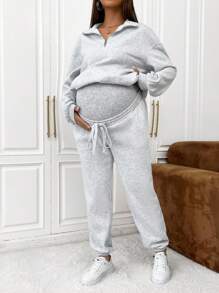SHEIN Maternity Half Zip Drop Shoulder Sweatshirt & Sweatpants - Light Grey - View 4