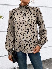 SHEIN LUNE Blusa con estampado de cuello alto - Caqui - Ver 5