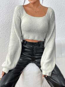 SHEIN Essnce Cổ vuông Tay áo lồng đèn Áo len Crop - Màu Xám nhạt - Xem 5