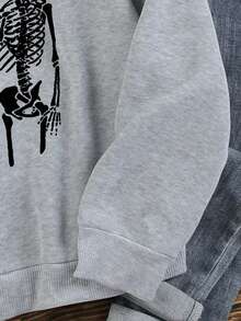 SHEIN EZwear Skeleton & Slogan Graphic Drawstring Thermal Lined Hoodie - Grey - View 5