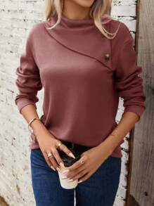 SHEIN LUNE Solid Button Detail Asymmetrical Neck Drop Shoulder Sweatshirt - Rusty Rose - View 3