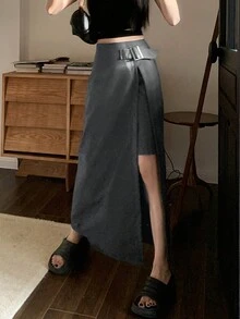 灰色高腰開衩女款半身裙