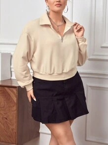 SHEIN Essnce Hơn Một nửa khóa kéo Thả vai Hem đàn hồi Áo nỉ - Màu be - Xem 5