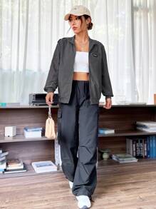SHEIN EZwear Letter Patched Detail Zip Up Jacket - Grey - View 5