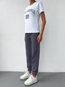 EURMUSE Grafika z napisem Trójnik & Marszczona talia Spodnie Dresowe - Jasnofioletowy - Zobacz 3