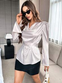 SHEIN Privé 垂領荷葉袖緞面襯衫 - 杏色 - 查看 6